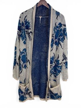 Free People Blue Combo Flower Power Open Front Duster Cardi Size Medium